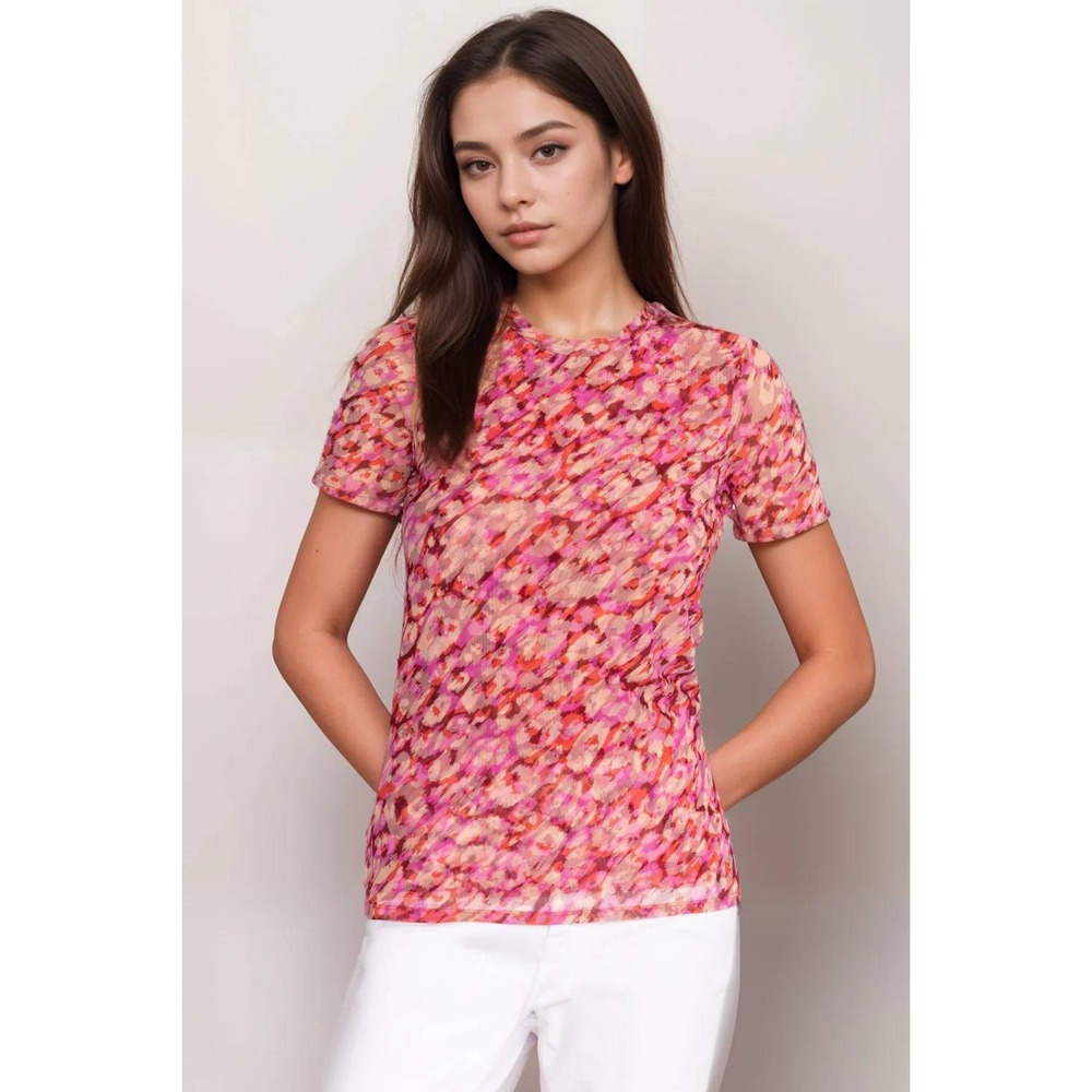 Johnny Was Jade Mesh Mina Pink Baby Tee Top Sheer Animal Print Sml Festival Y2K
